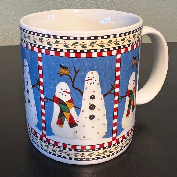 Set of 4 Vintage Sakura SNOWMAN Stoneware Mugs with Artwork by Debbie Mumm 1998 - Picture 3 of 12